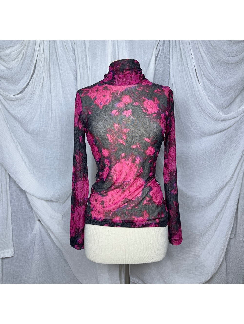 Pink Floral Mesh Turtleneck Top